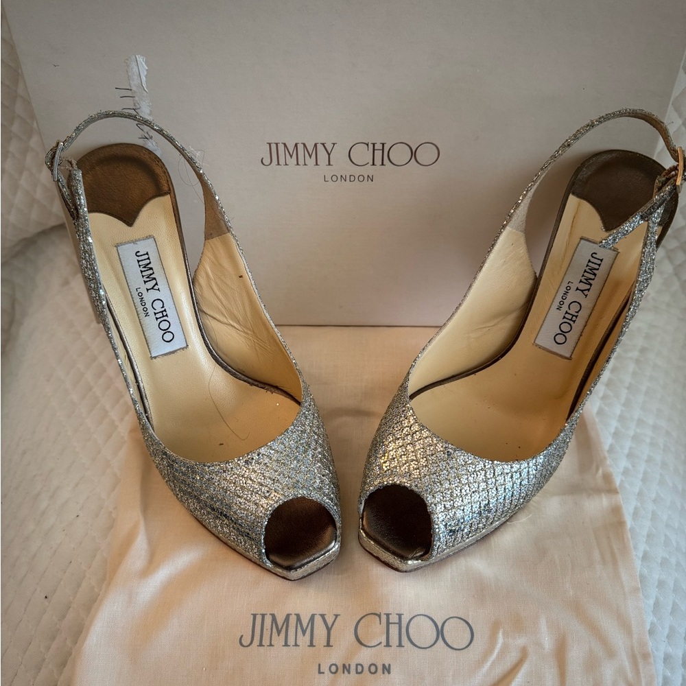 Jimmy Choo Silver Peep-Toe Slingback Heels